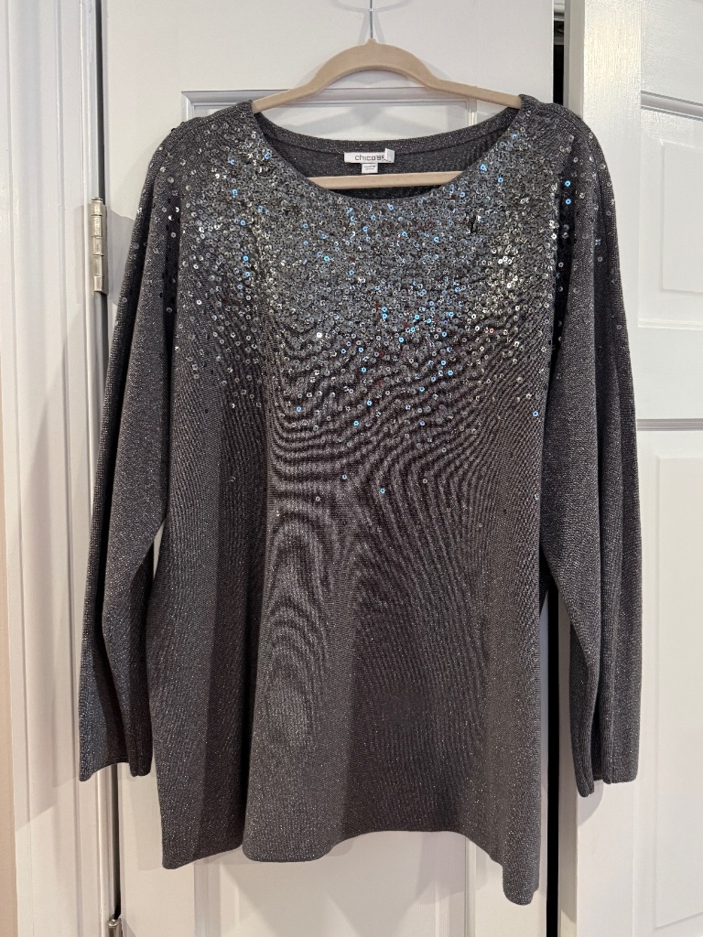 Chico's Gray Sequin Ombre Pullover Sweater NWT Size 4/2X.